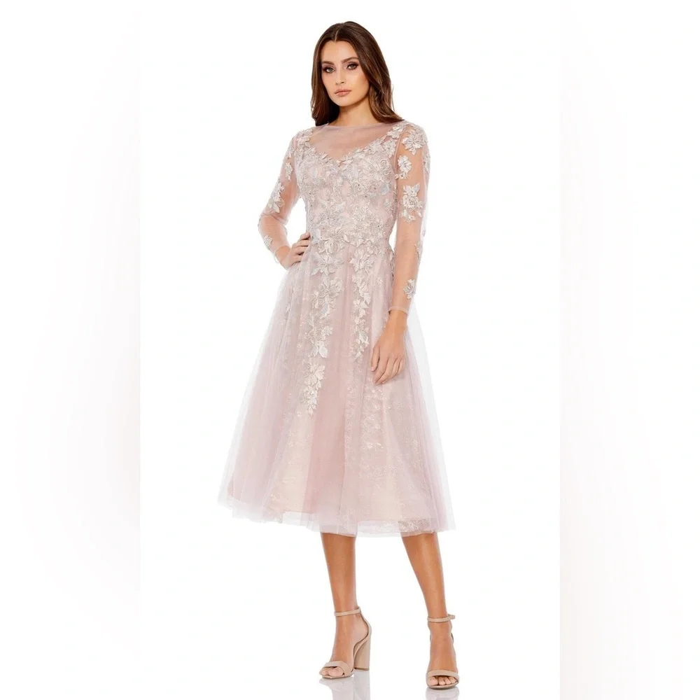 NWT Mac Duggal Elegant Lace Midi Dress in Blush Pink - Picture 1 of 11